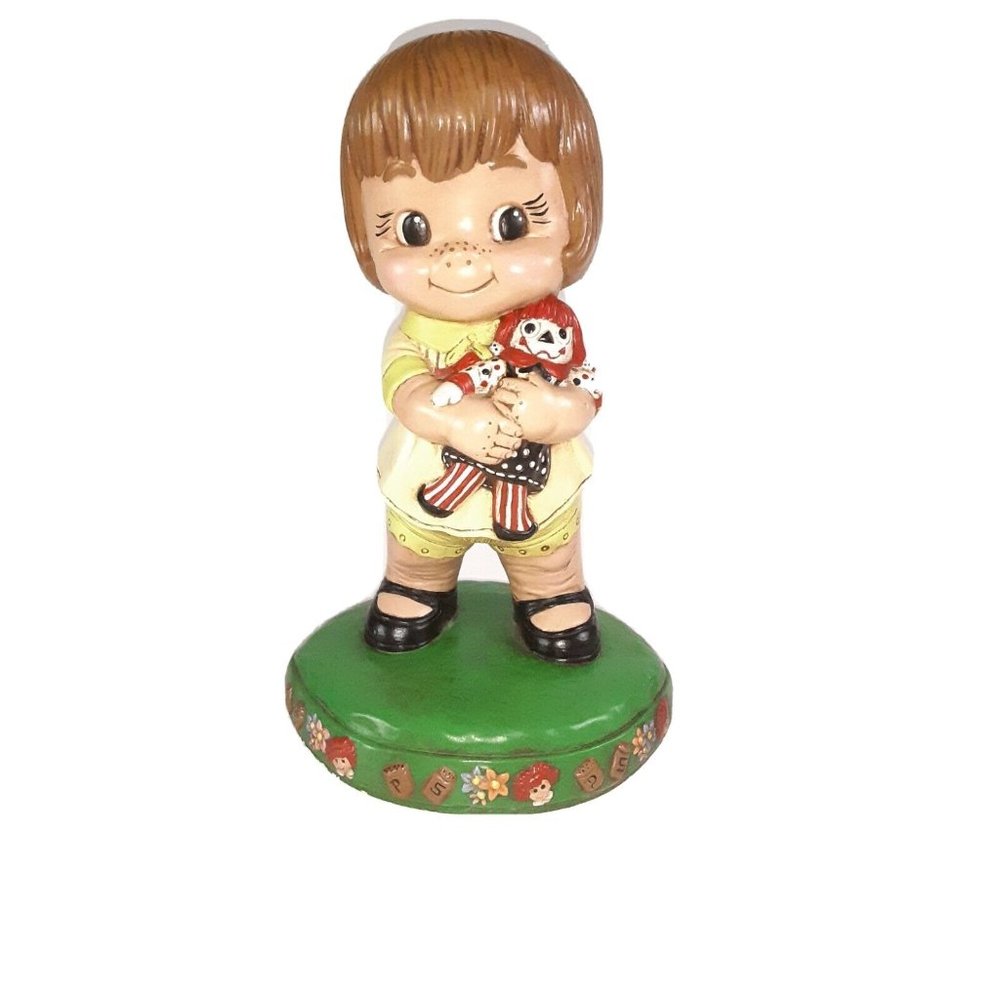 Vintage Ceramic Figurine Girl with Raggedy Ann Doll 1973 Ceramichrome Hand Paint